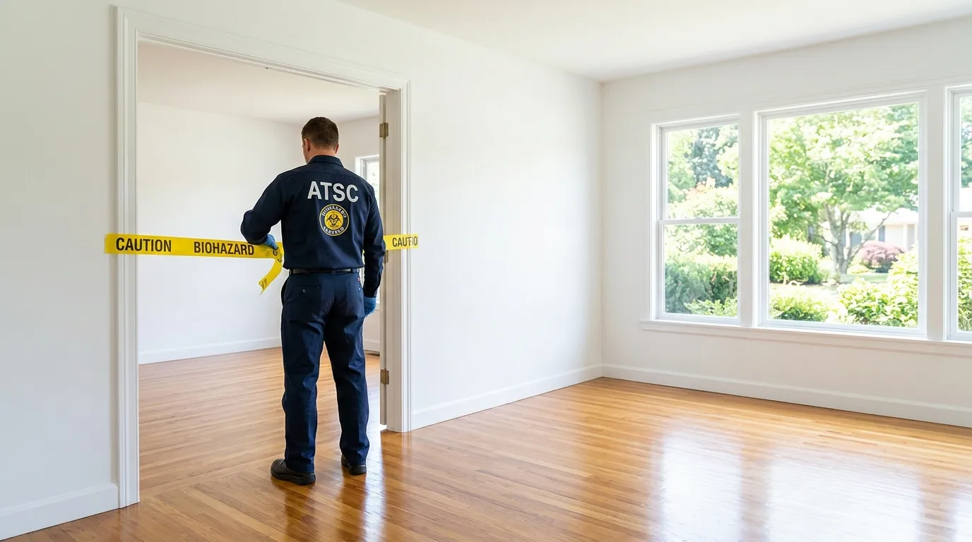 Certified biohazard cleanup crew performing Decomposition Cleanup in Center